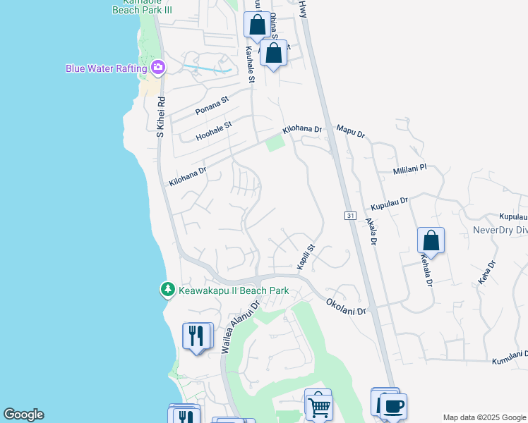 map of restaurants, bars, coffee shops, grocery stores, and more near 195 Heleuma Place in Kihei
