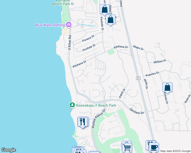 map of restaurants, bars, coffee shops, grocery stores, and more near 3150 Wailea Alanui Drive in Wailea-Makena