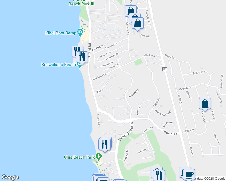map of restaurants, bars, coffee shops, grocery stores, and more near 3145 Waiea Place in Kihei
