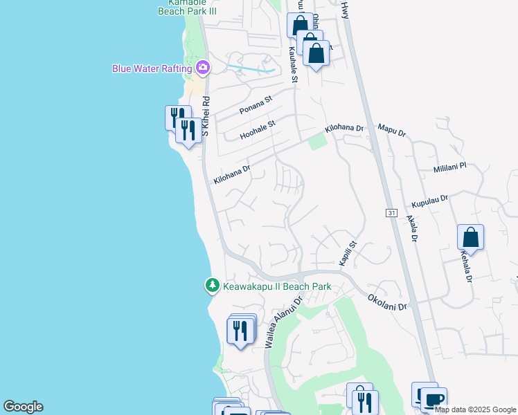 map of restaurants, bars, coffee shops, grocery stores, and more near 3145 Waiea Place in Kihei