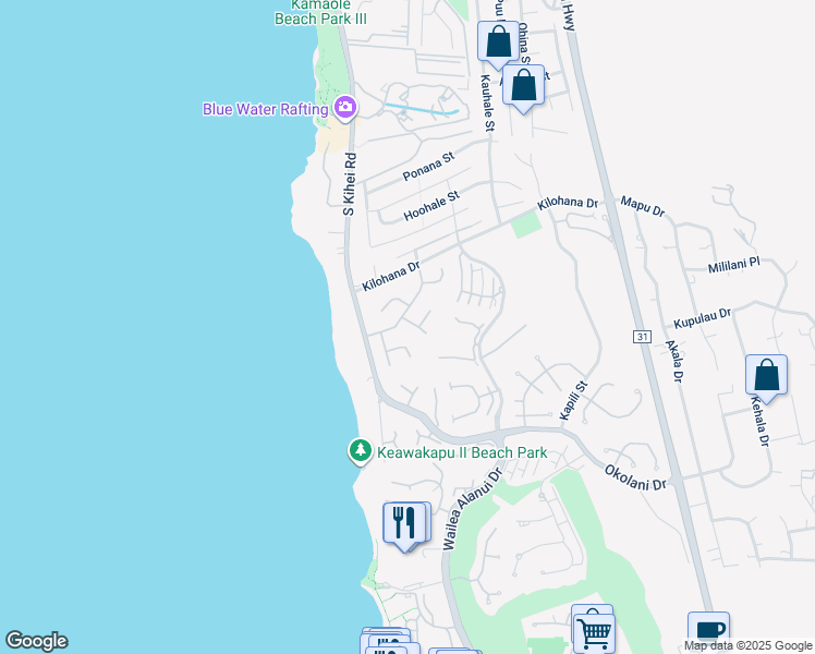 map of restaurants, bars, coffee shops, grocery stores, and more near 3120 Waiea Place in Kihei