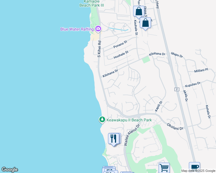 map of restaurants, bars, coffee shops, grocery stores, and more near 21 Waikai Street in Kihei