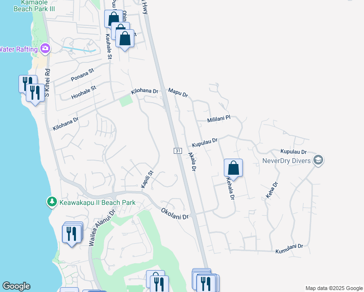 map of restaurants, bars, coffee shops, grocery stores, and more near 3210 Akala Drive in Kihei