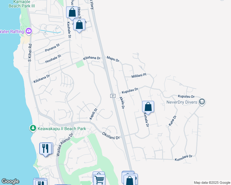 map of restaurants, bars, coffee shops, grocery stores, and more near 3210 Akala Drive in Kihei