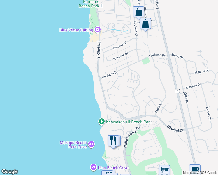 map of restaurants, bars, coffee shops, grocery stores, and more near 3066 Manu Hope Place in Kihei