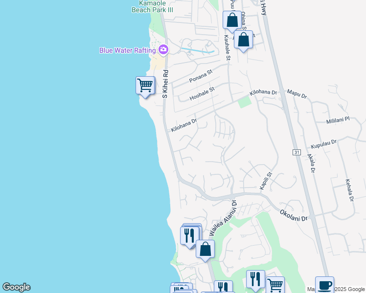map of restaurants, bars, coffee shops, grocery stores, and more near 29 Waikai Street in Kihei