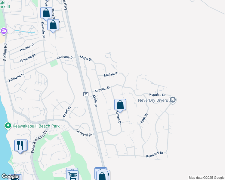 map of restaurants, bars, coffee shops, grocery stores, and more near 3233 Kehala Drive in Kihei