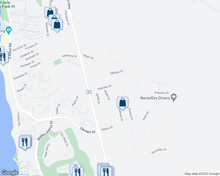 map of restaurants, bars, coffee shops, grocery stores, and more near 502 Kupulau Drive in Kihei