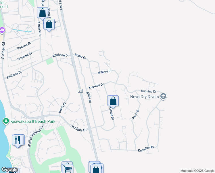 map of restaurants, bars, coffee shops, grocery stores, and more near 3233 Kehala Drive in Kihei