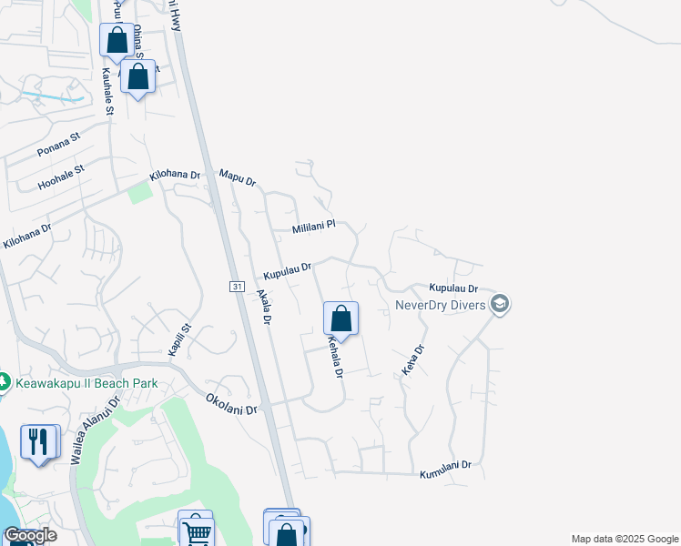 map of restaurants, bars, coffee shops, grocery stores, and more near 676 Mililani Place in Kihei