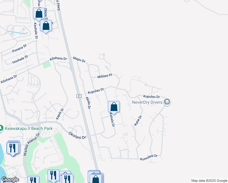 map of restaurants, bars, coffee shops, grocery stores, and more near 676 Mililani Place in Kihei