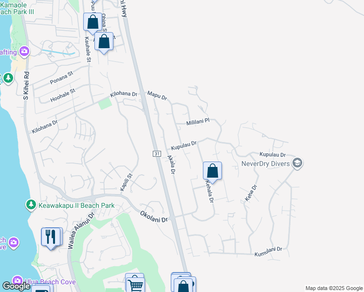 map of restaurants, bars, coffee shops, grocery stores, and more near 502 Kupulau Drive in Kihei
