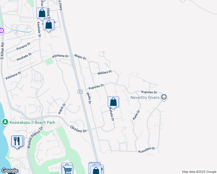 map of restaurants, bars, coffee shops, grocery stores, and more near 3233 Kehala Drive in Kihei