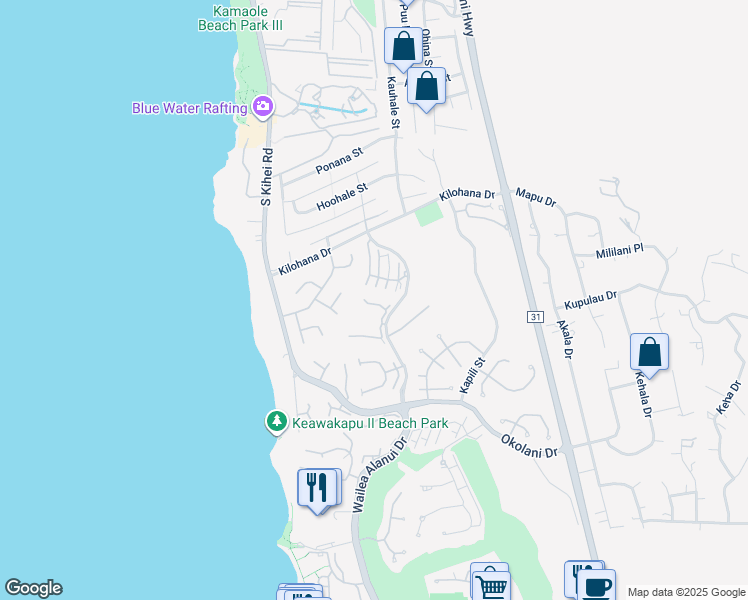 map of restaurants, bars, coffee shops, grocery stores, and more near 3150 Wailea Alanui Drive in Wailea-Makena