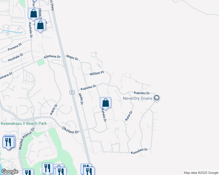 map of restaurants, bars, coffee shops, grocery stores, and more near 673 Mililani Place in Kihei