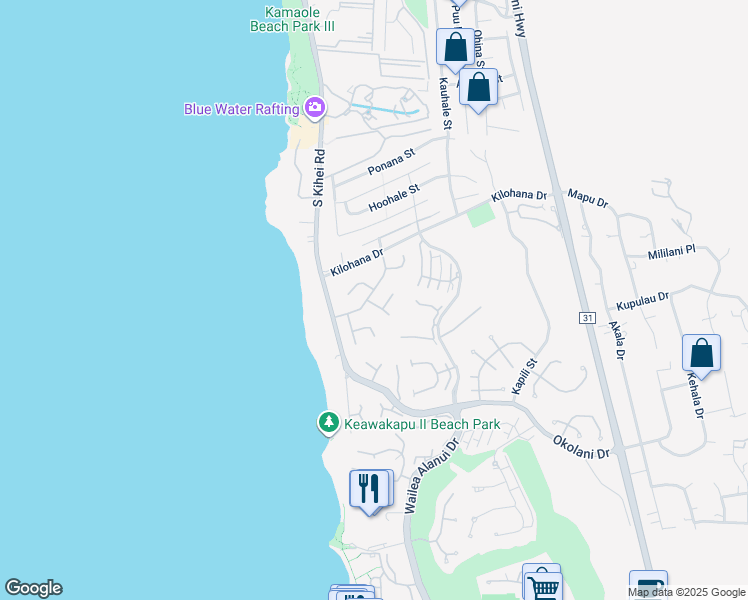 map of restaurants, bars, coffee shops, grocery stores, and more near 3111 Waiea Place in Kihei