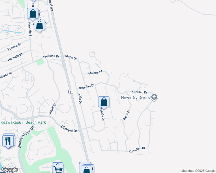 map of restaurants, bars, coffee shops, grocery stores, and more near 673 Mililani Place in Kihei