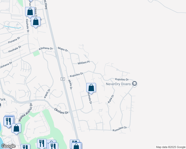 map of restaurants, bars, coffee shops, grocery stores, and more near 673A Mililani Place in Kihei