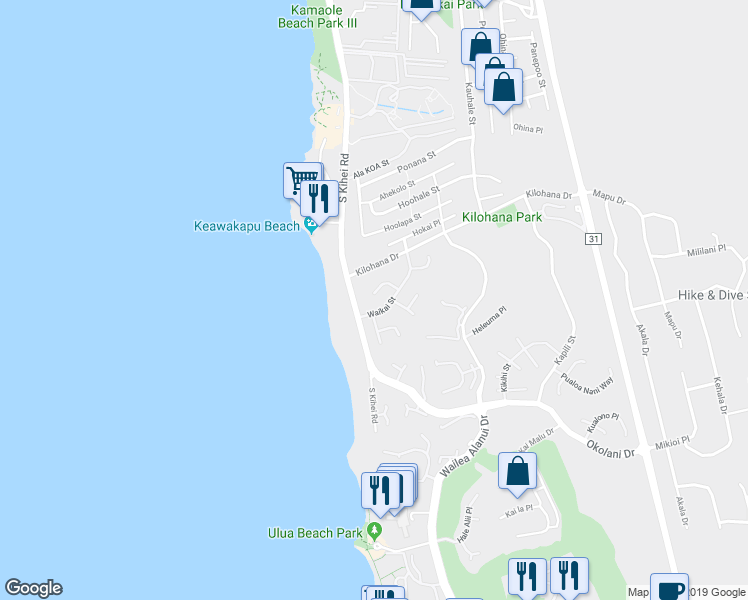 map of restaurants, bars, coffee shops, grocery stores, and more near 3066 Manu Hope Place in Kihei