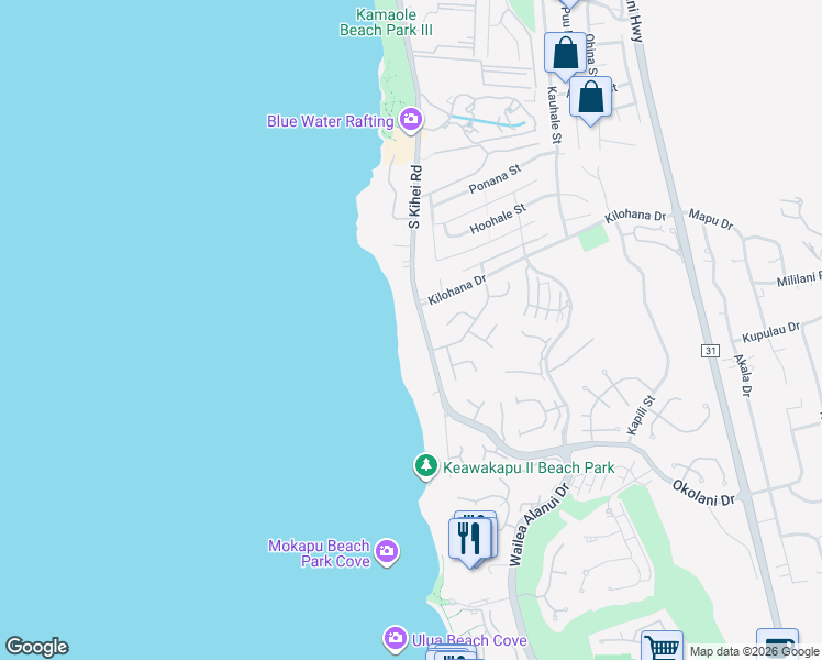 map of restaurants, bars, coffee shops, grocery stores, and more near 3076 South Kihei Road in Kihei