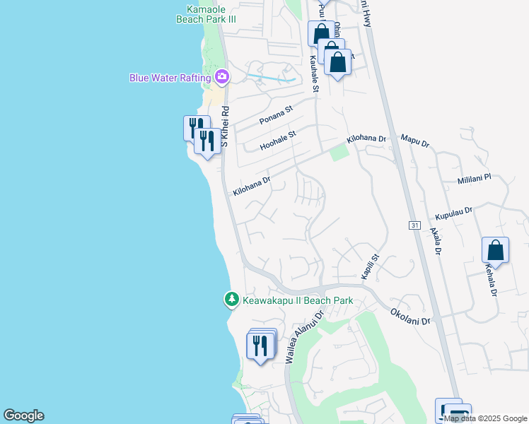 map of restaurants, bars, coffee shops, grocery stores, and more near 3111 Waiea Place in Kihei