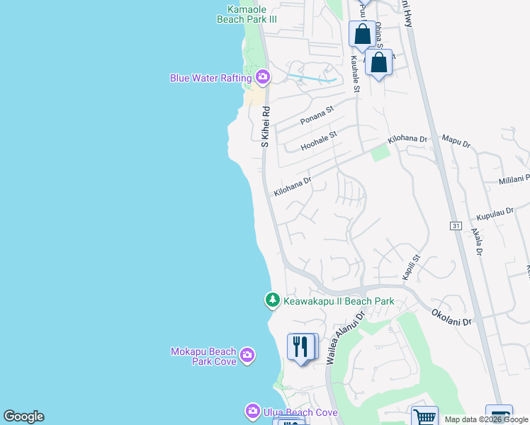 map of restaurants, bars, coffee shops, grocery stores, and more near 3076 South Kihei Road in Kihei
