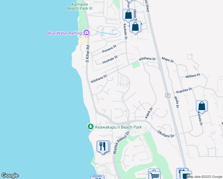 map of restaurants, bars, coffee shops, grocery stores, and more near 86 Pukolu Place in Kihei