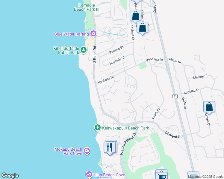 map of restaurants, bars, coffee shops, grocery stores, and more near 70 Waikai Street in Kihei