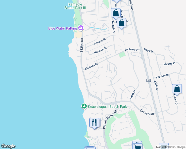 map of restaurants, bars, coffee shops, grocery stores, and more near 61 Waikai Street in Kihei