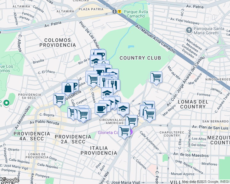 map of restaurants, bars, coffee shops, grocery stores, and more near 1462 Avenida de las Américas in Guadalajara