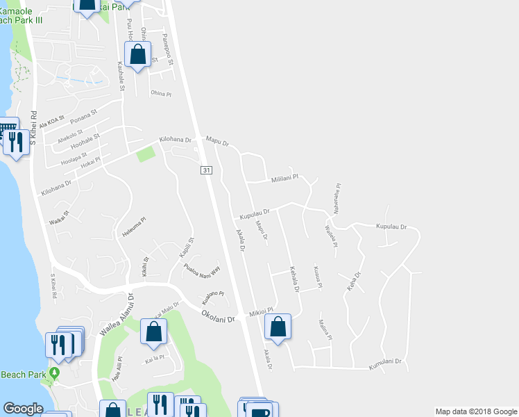 map of restaurants, bars, coffee shops, grocery stores, and more near 3237 Mapu Drive in Kihei