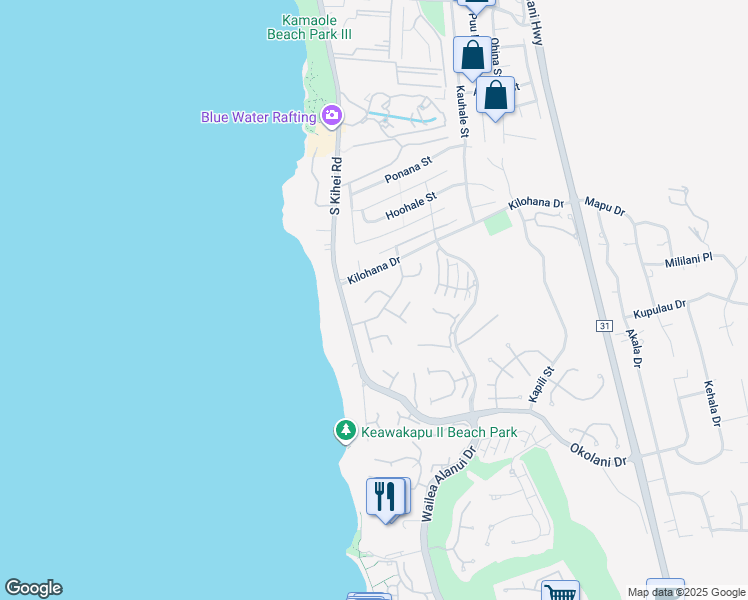 map of restaurants, bars, coffee shops, grocery stores, and more near 3076 Manu Hope Place in Kihei