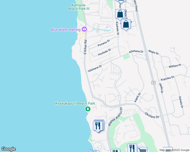 map of restaurants, bars, coffee shops, grocery stores, and more near 3076 Manu Hope Place in Kihei