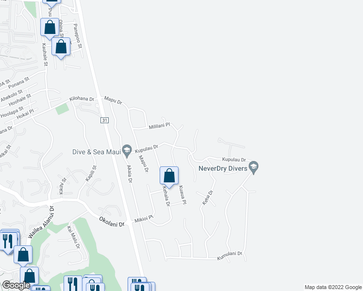 map of restaurants, bars, coffee shops, grocery stores, and more near 609 Kupulau Drive in Kihei