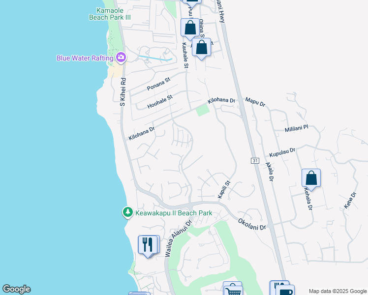 map of restaurants, bars, coffee shops, grocery stores, and more near 3100 Wailea Alanui Drive in Kihei