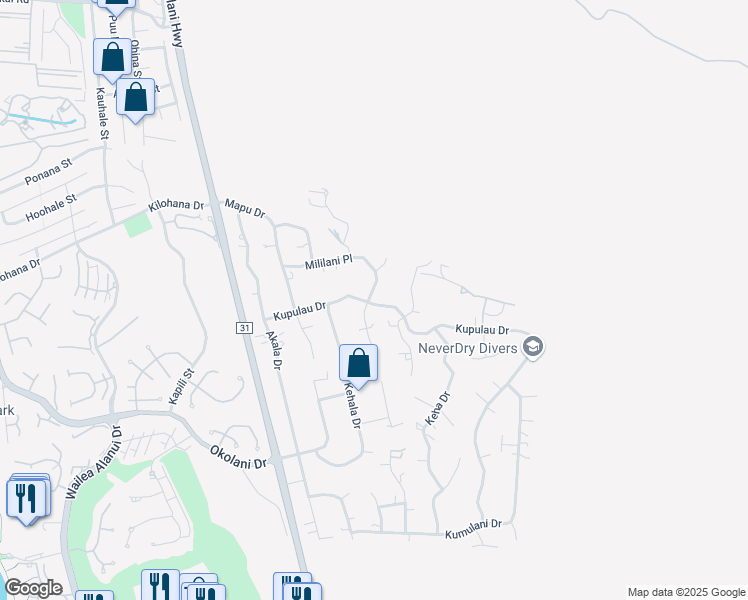 map of restaurants, bars, coffee shops, grocery stores, and more near 595 Kupulau Drive in Kihei