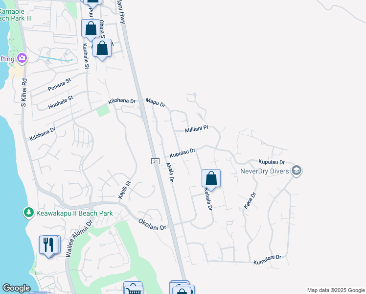 map of restaurants, bars, coffee shops, grocery stores, and more near 3227 Mapu Drive in Kihei