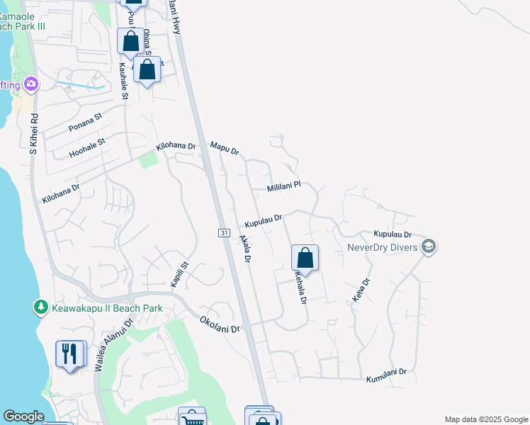 map of restaurants, bars, coffee shops, grocery stores, and more near 3227 Mapu Drive in Kihei