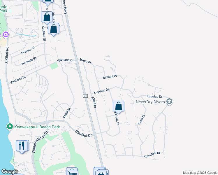 map of restaurants, bars, coffee shops, grocery stores, and more near 521 Kupulau Drive in Kihei