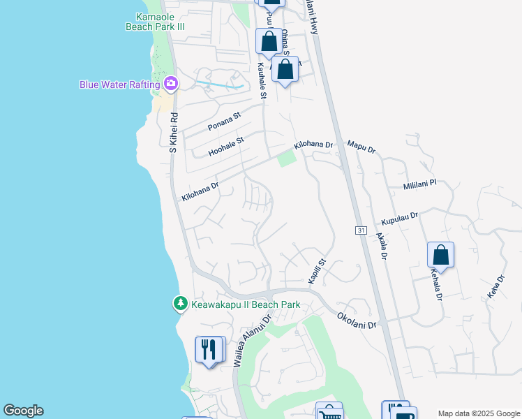 map of restaurants, bars, coffee shops, grocery stores, and more near 3100 Wailea Alanui Drive in Kihei