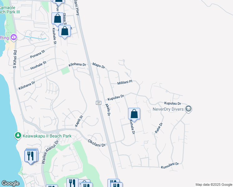 map of restaurants, bars, coffee shops, grocery stores, and more near 3227 Mapu Drive in Kihei