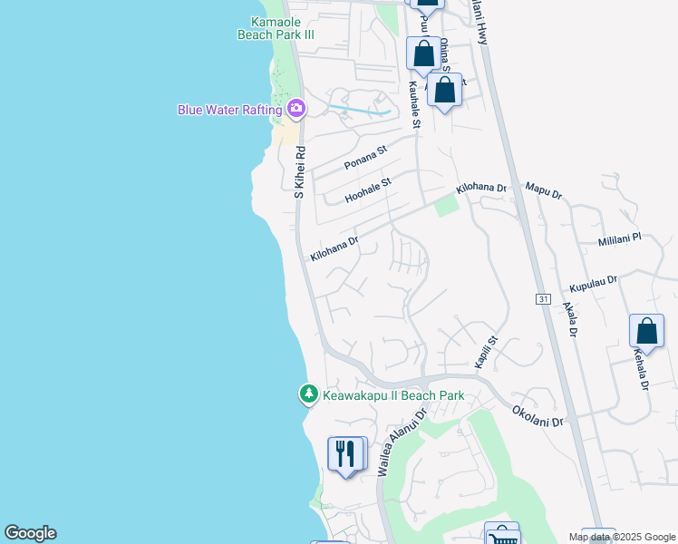 map of restaurants, bars, coffee shops, grocery stores, and more near 3111 Waiea Place in Kihei