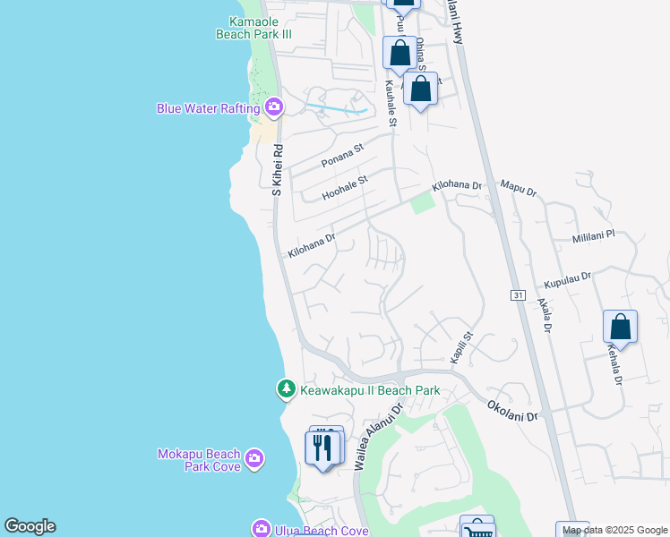 map of restaurants, bars, coffee shops, grocery stores, and more near 86 Waikai Street in Kihei