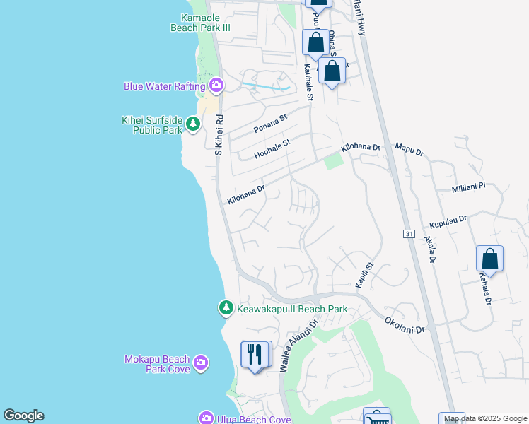 map of restaurants, bars, coffee shops, grocery stores, and more near 86 Waikai Street in Kihei