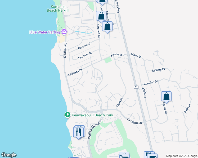 map of restaurants, bars, coffee shops, grocery stores, and more near 3100 Wailea Alanui Drive in Kihei