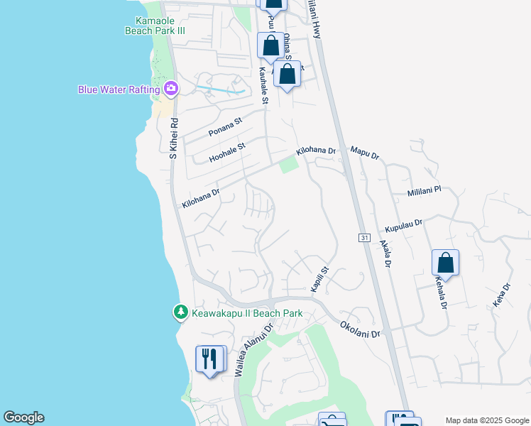 map of restaurants, bars, coffee shops, grocery stores, and more near 3100 Wailea Alanui Drive in Kihei