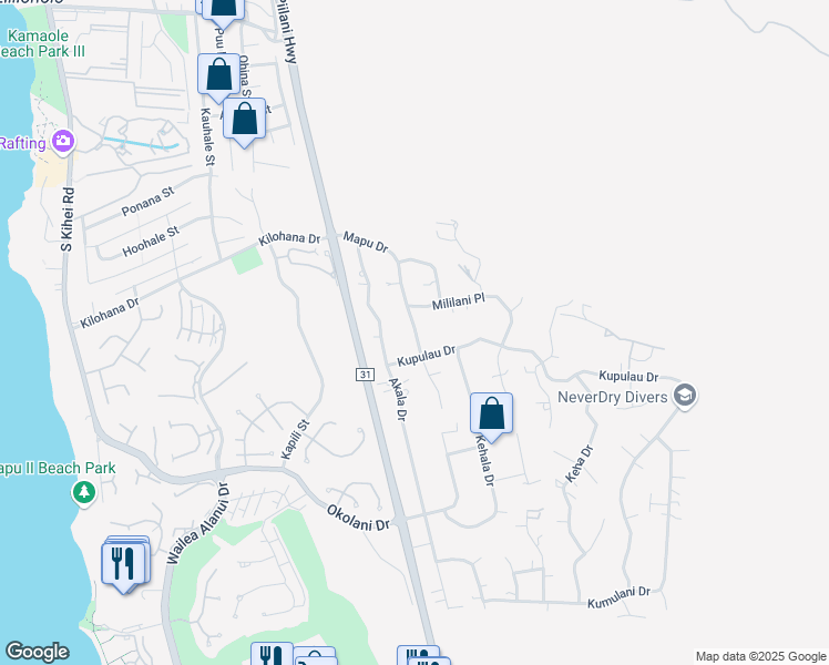 map of restaurants, bars, coffee shops, grocery stores, and more near 3184 Mapu Drive in Kihei