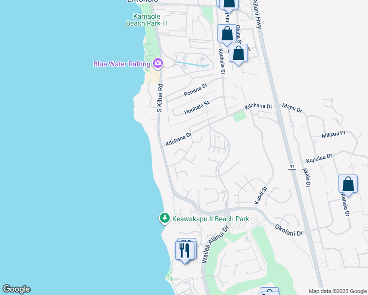 map of restaurants, bars, coffee shops, grocery stores, and more near 3095 Manu Hope Place in Kihei
