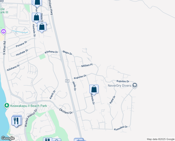 map of restaurants, bars, coffee shops, grocery stores, and more near 539 Kupulau Drive in Kihei