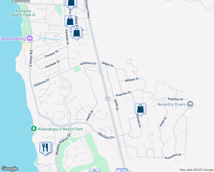 map of restaurants, bars, coffee shops, grocery stores, and more near 3160 Akala Drive in Kihei